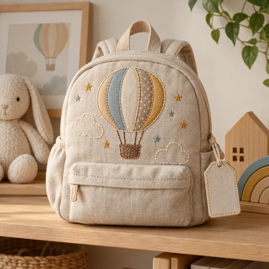 Mochila com aplique de balão e etiqueta de tecido