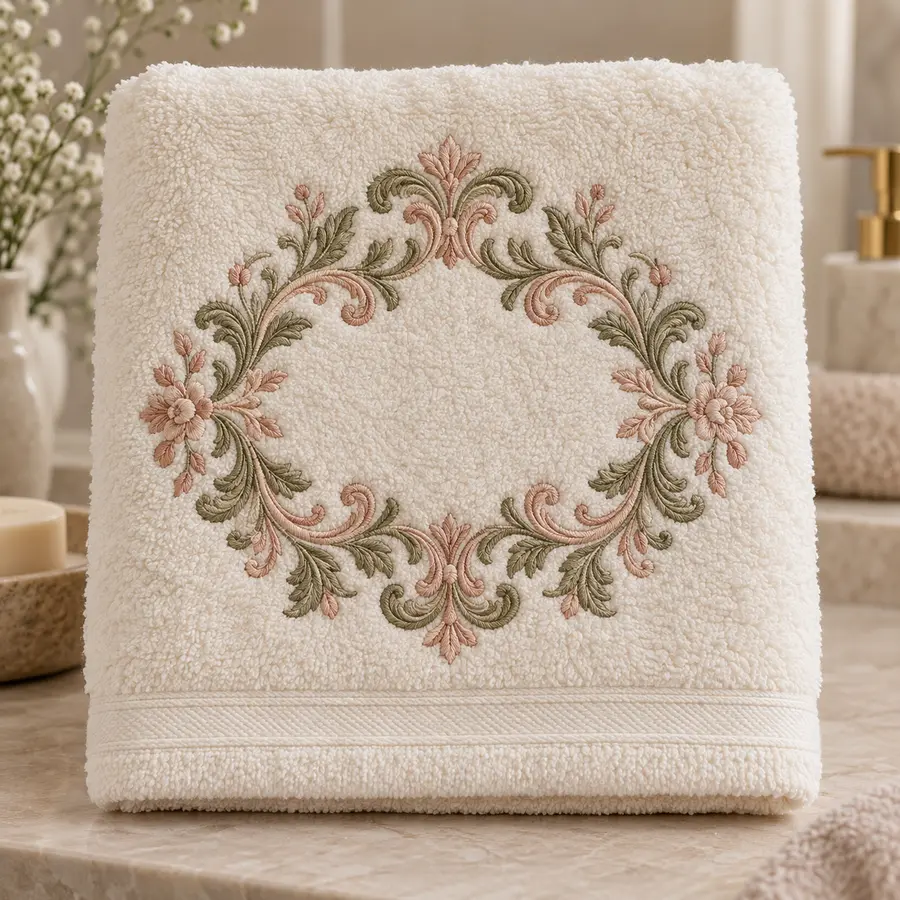 Toalha com moldura de arabescos bordados