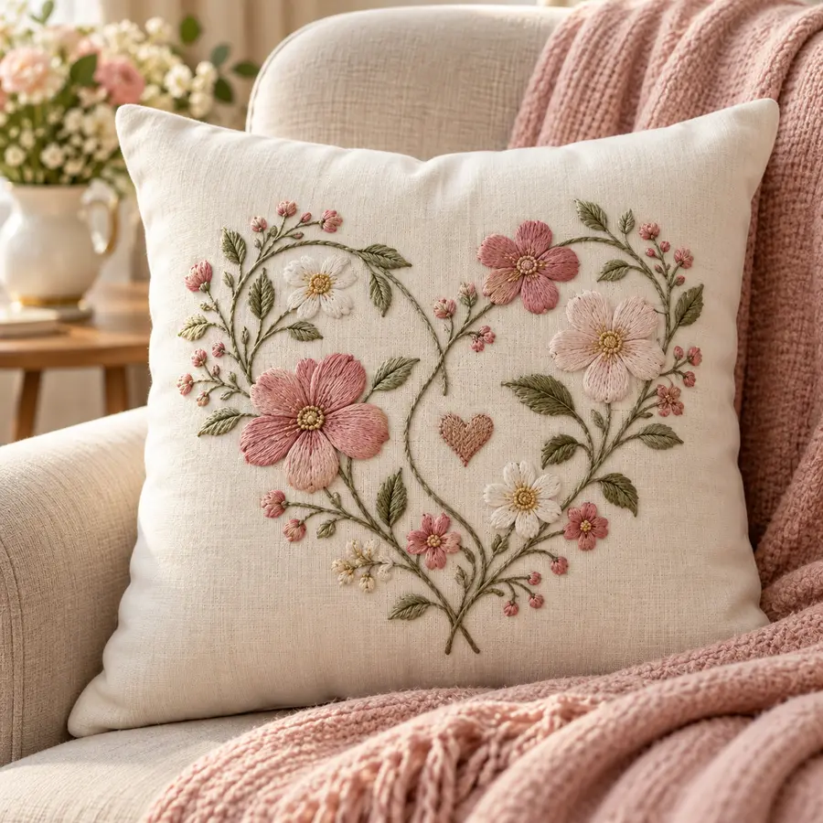 Almofada com flores e coração bordados