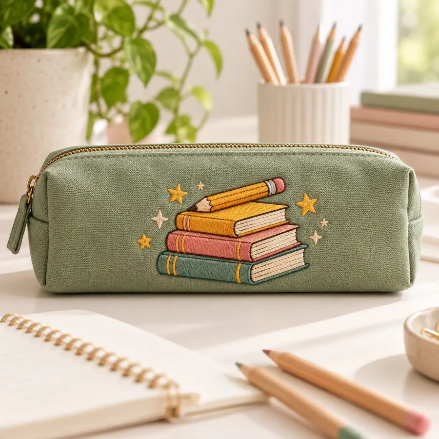 Estojo escolar com livros bordados
