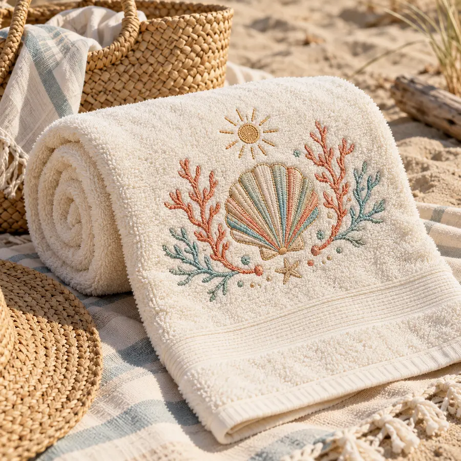 Toalha de praia com concha e corais bordados
